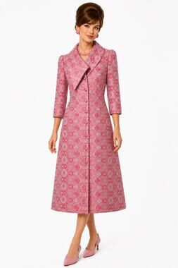 Vintage ‘60s Pink Brocade Geometric Print 3/4 Sleeve Button Front Midi Coatdress